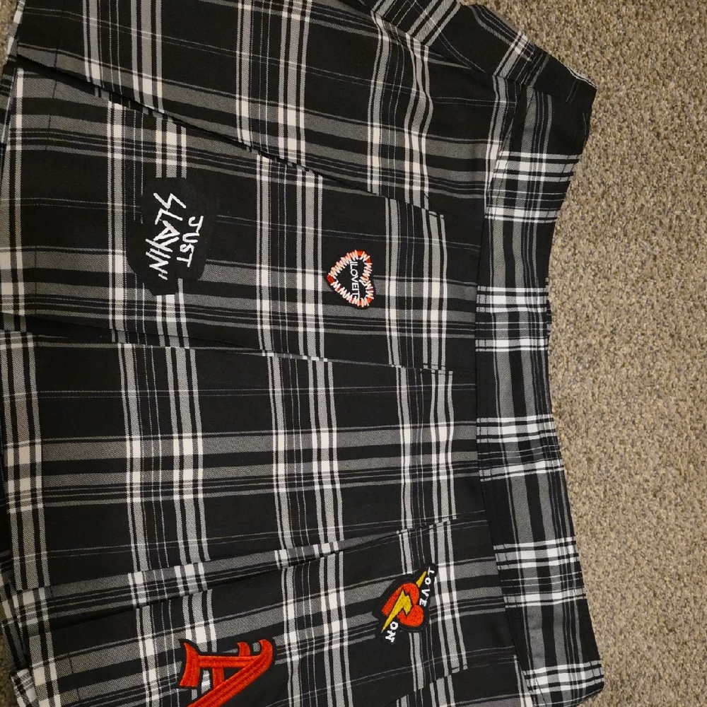 Black and White Plaid Skirt with Patches